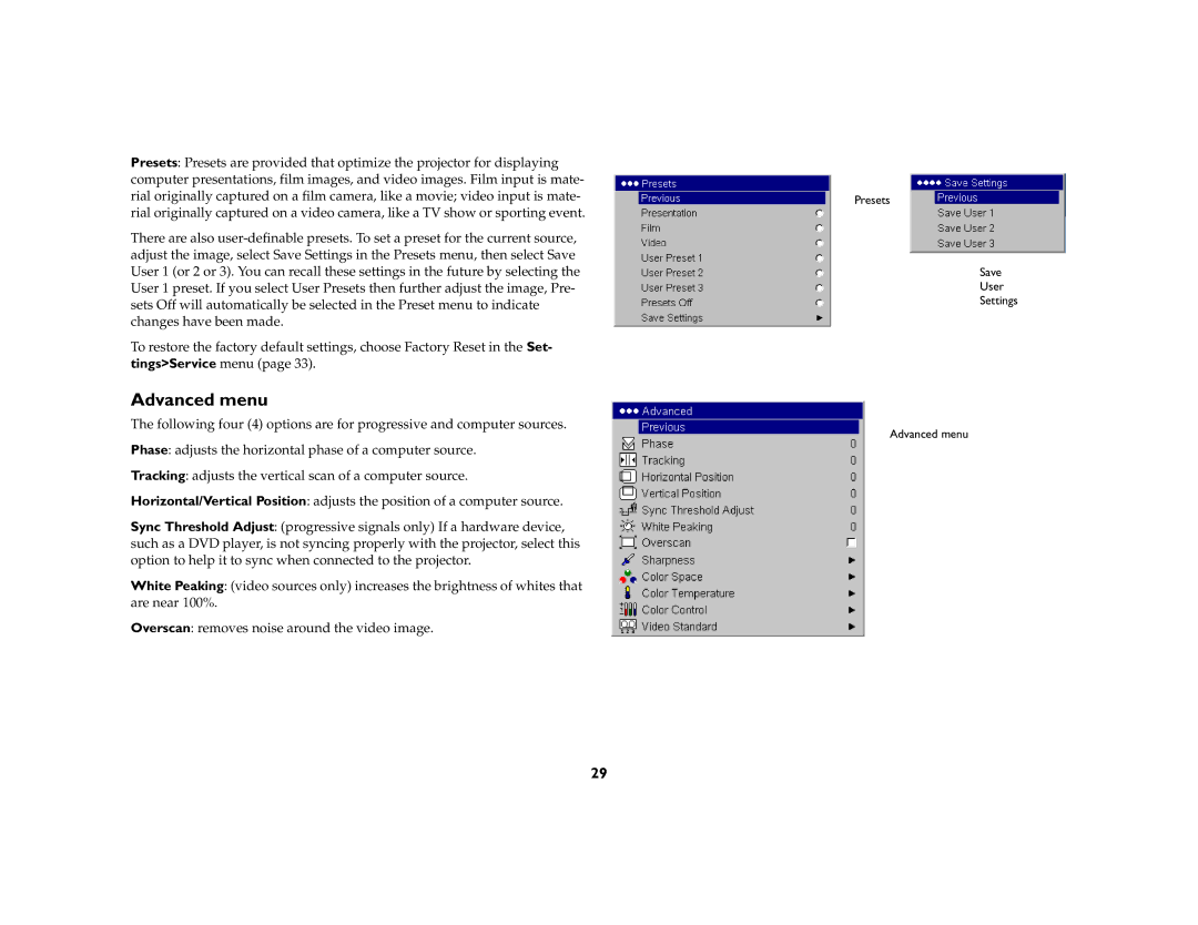 Apple IN20 Series manual Advanced menu 