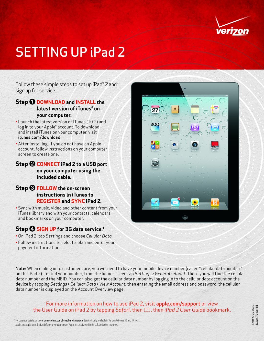 Apple iPad 2 manual SETTING UP iPad, Step ➍SIGN UP for 3G data service.1 