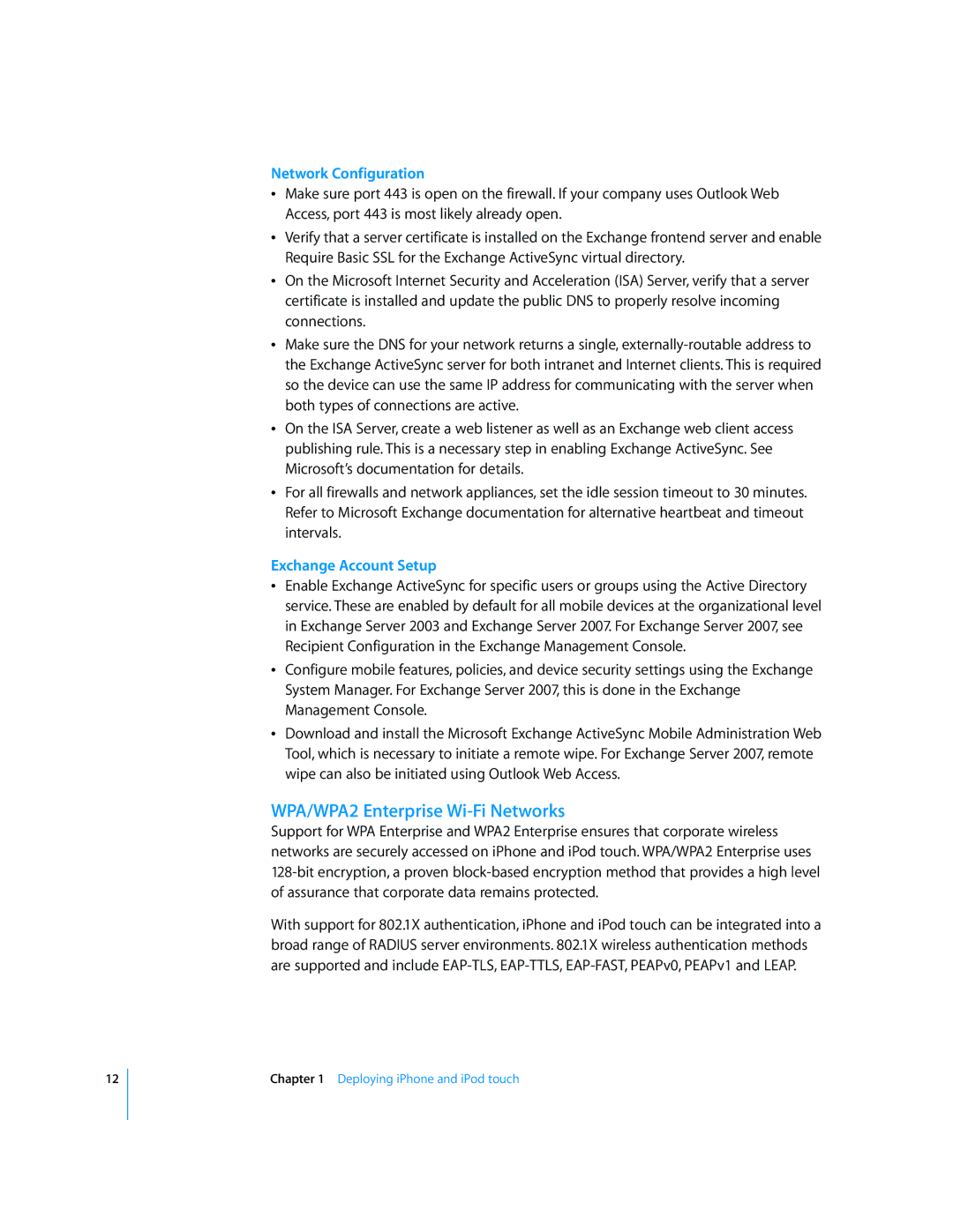Apple iPod and iPod Touch manual WPA/WPA2 Enterprise Wi-Fi Networks, Network Configuration, Exchange Account Setup 
