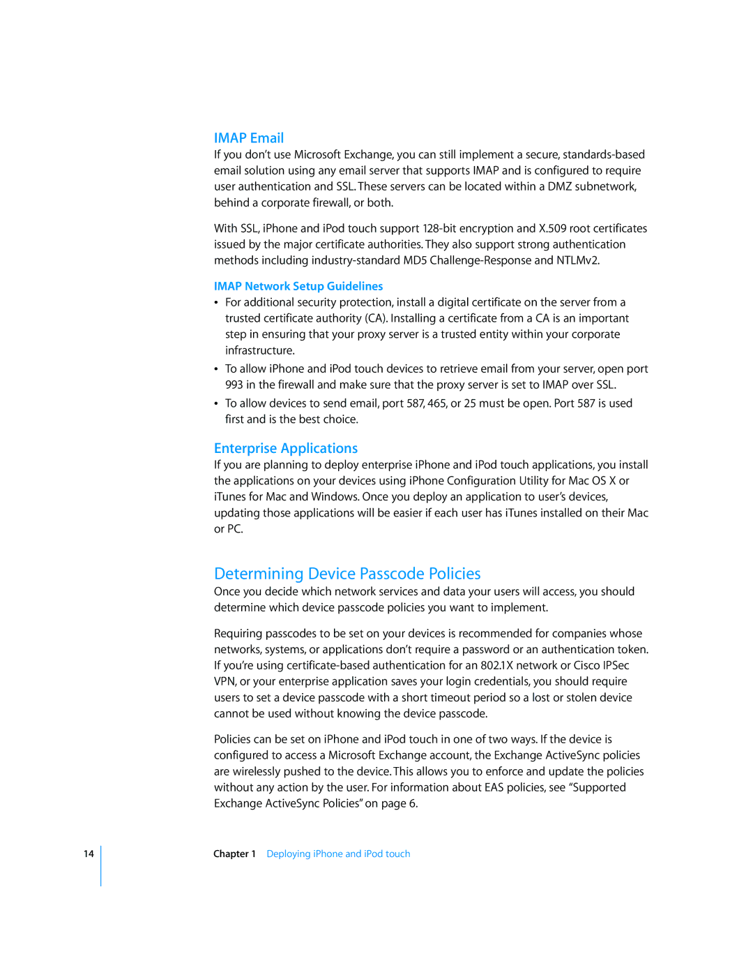 Apple iPod and iPod Touch manual Determining Device Passcode Policies, Imap Email, Enterprise Applications 
