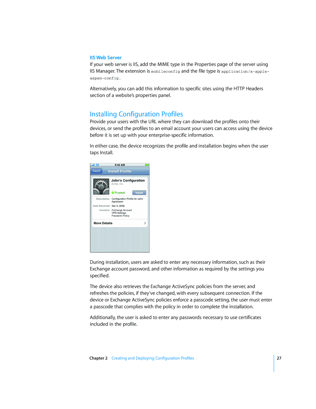 Apple iPod and iPod Touch manual Installing Configuration Profiles, IIS Web Server 