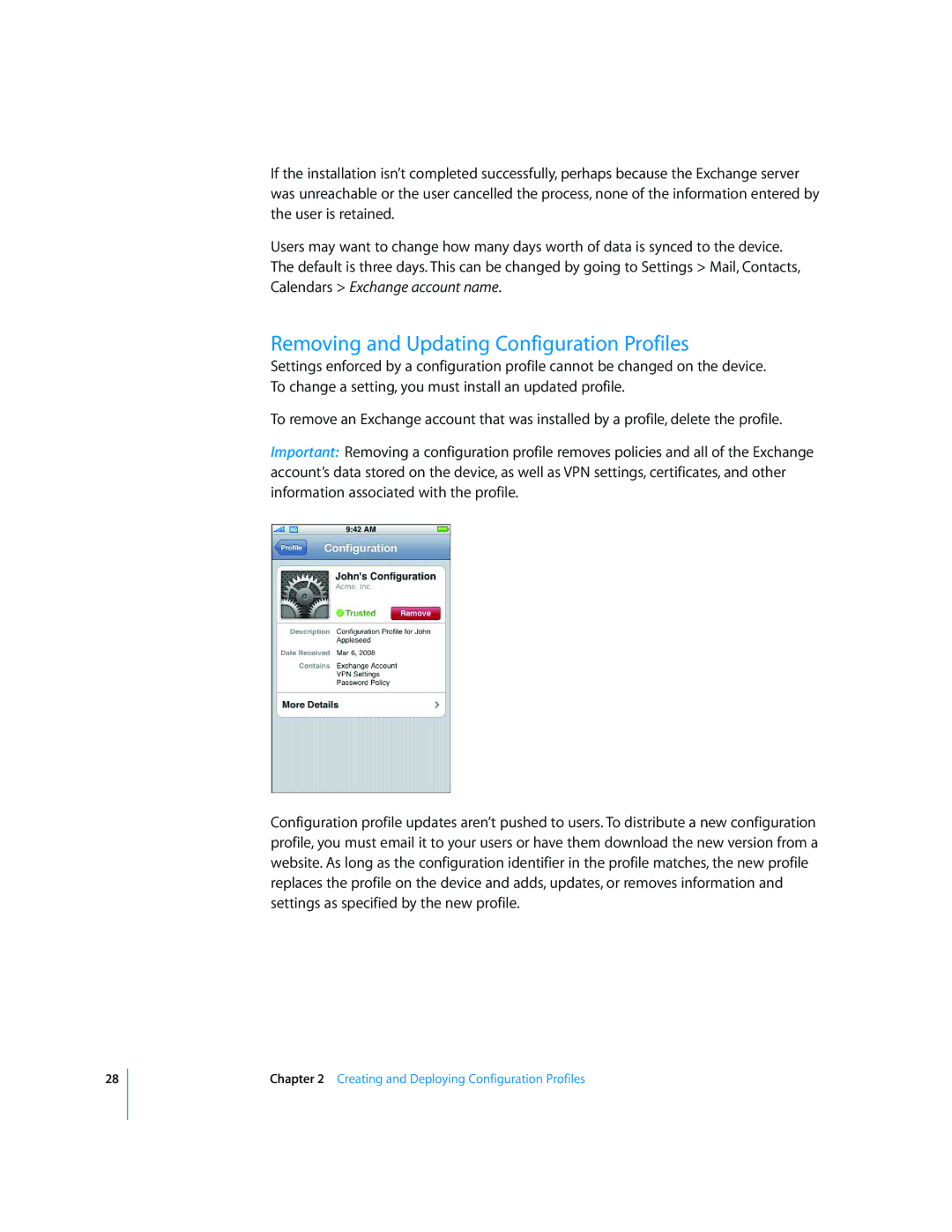 Apple iPod and iPod Touch manual Removing and Updating Configuration Profiles 