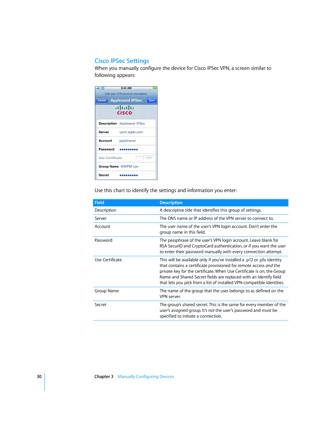 Apple iPod and iPod Touch manual Cisco IPSec Settings, Field Description 