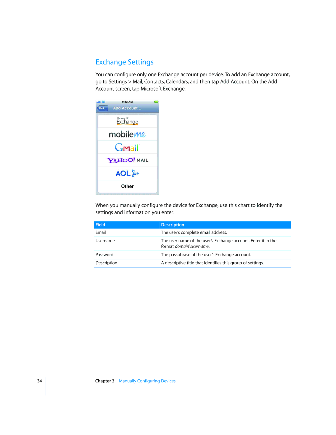 Apple iPod and iPod Touch manual Exchange Settings, Format domain\username 