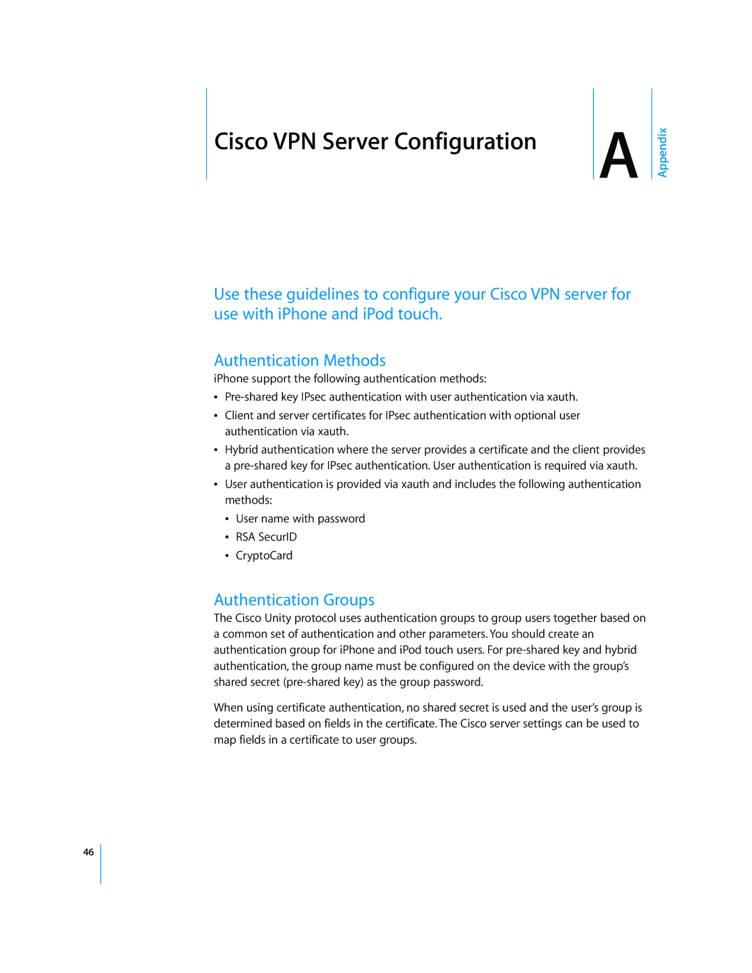 Apple iPod and iPod Touch manual ACisco VPN Server Configuration, Authentication Groups 
