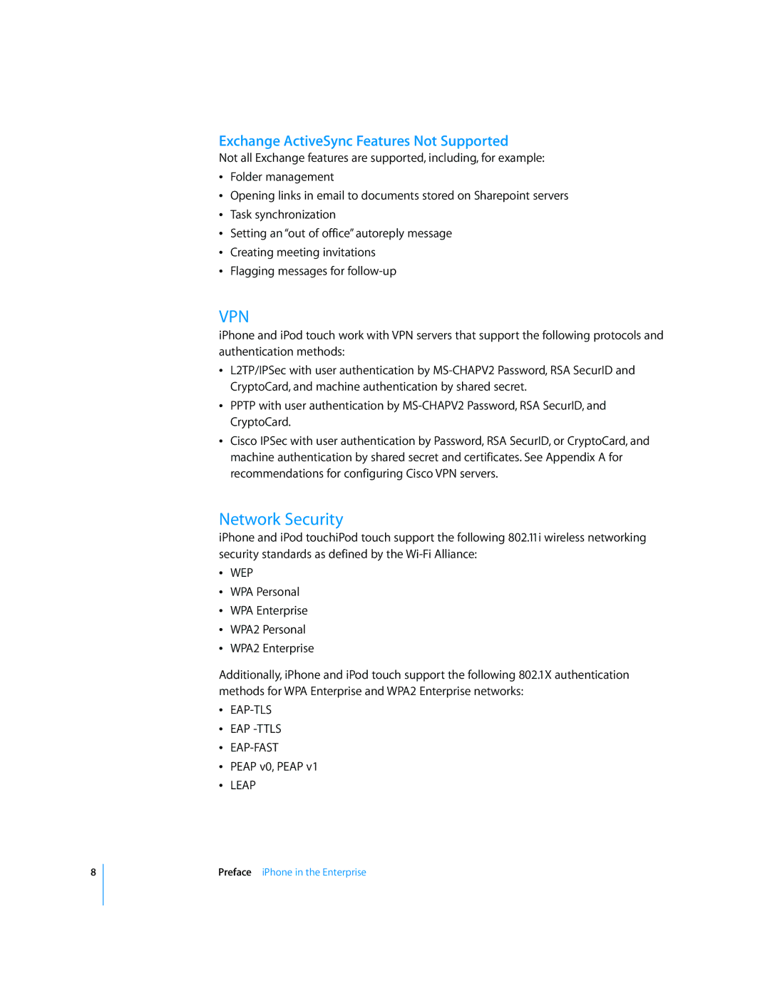 Apple iPod and iPod Touch manual Network Security, Exchange ActiveSync Features Not Supported 