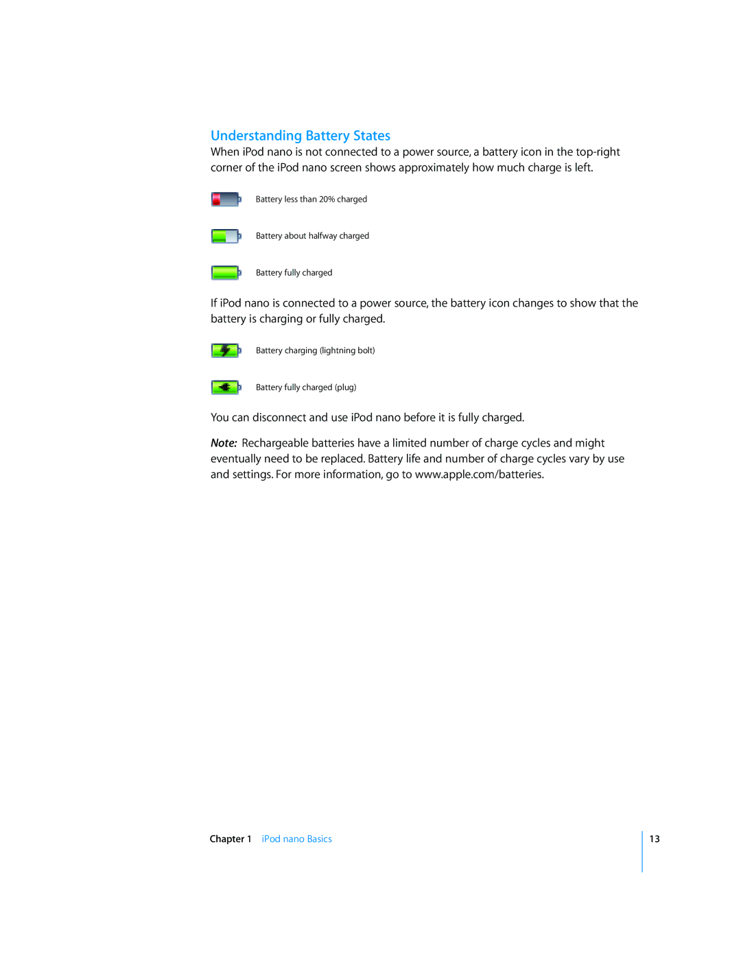 Apple iPod nano manual Understanding Battery States 