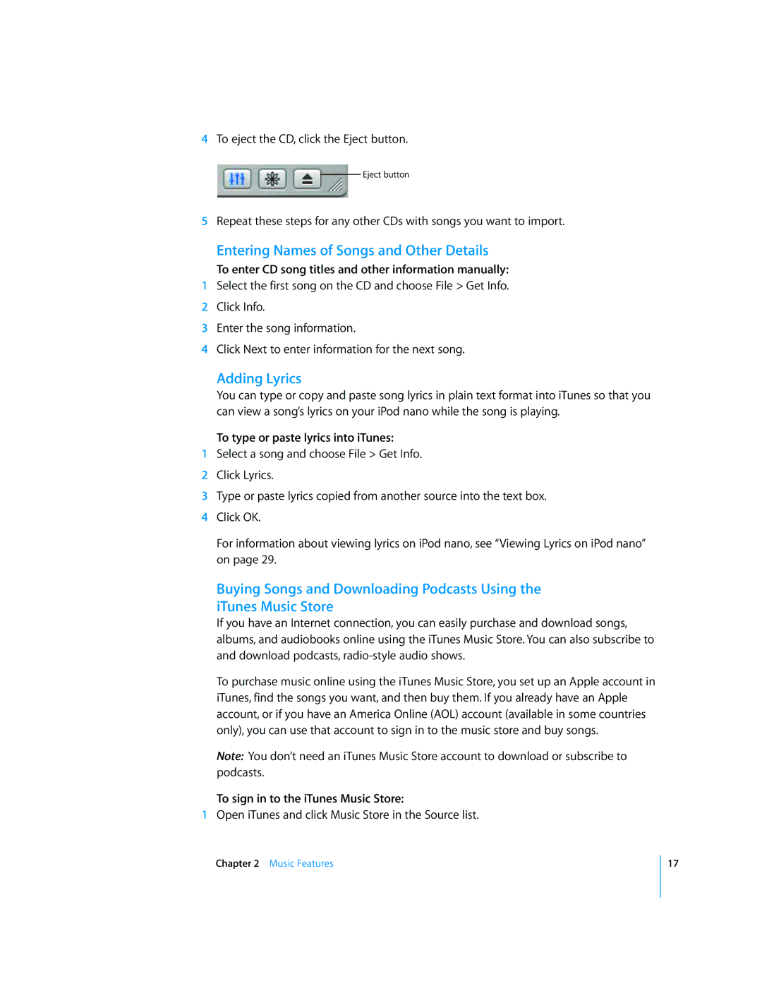 Apple iPod nano manual Entering Names of Songs and Other Details, Adding Lyrics, To type or paste lyrics into iTunes 