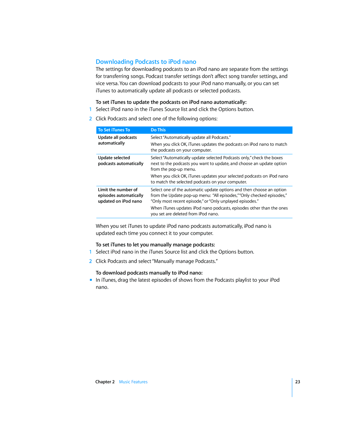 Apple Downloading Podcasts to iPod nano, To set iTunes to let you manually manage podcasts 