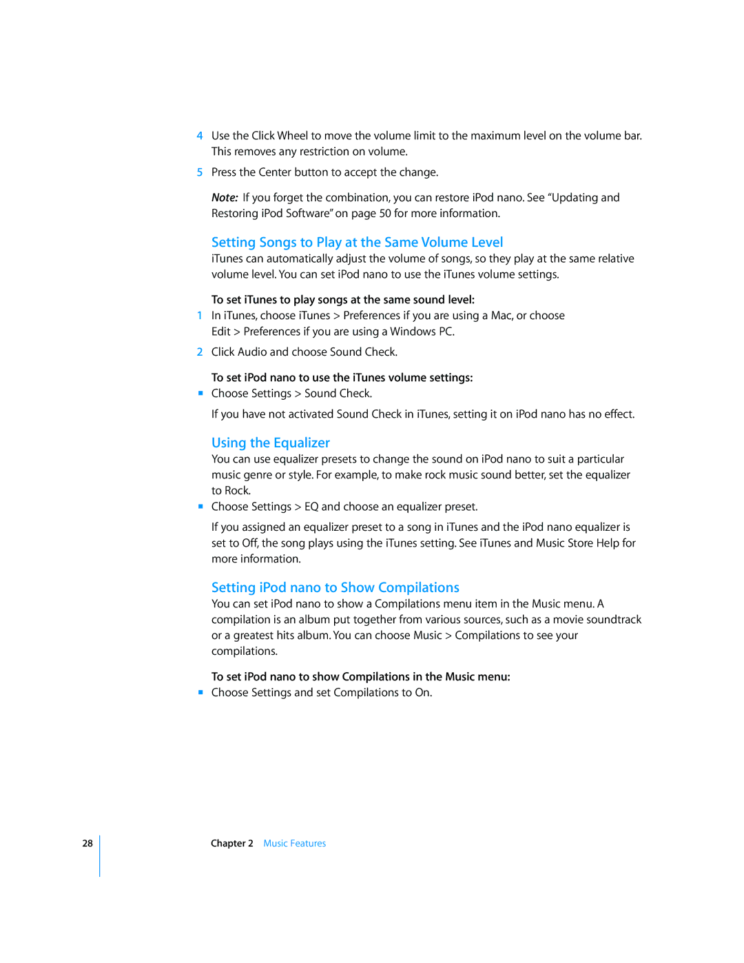 Apple iPod nano manual Setting Songs to Play at the Same Volume Level, Using the Equalizer 