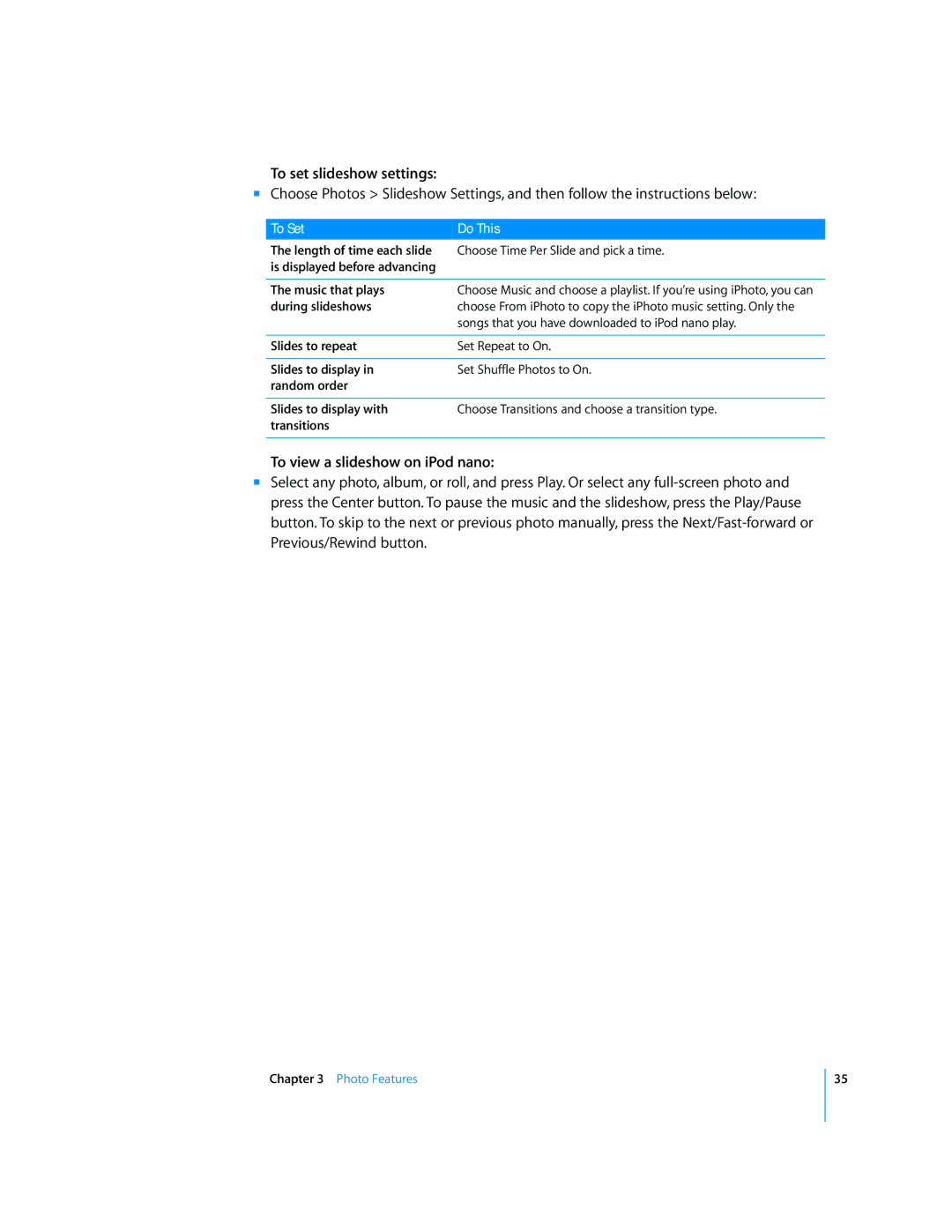 Apple manual To set slideshow settings, To view a slideshow on iPod nano, Music that plays 