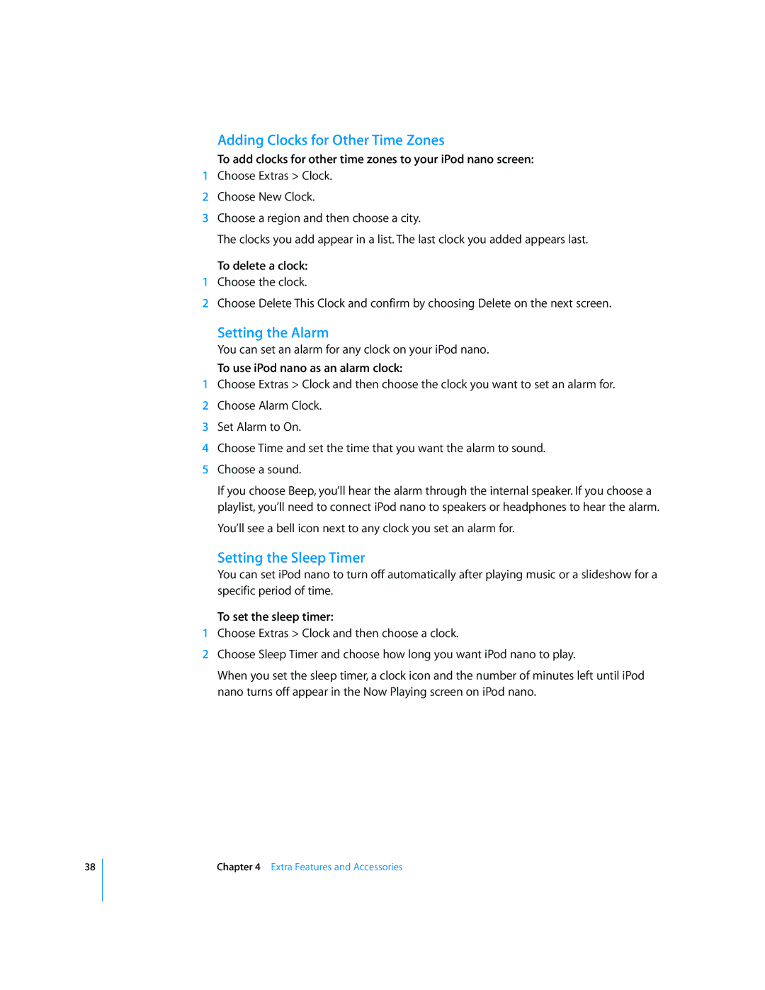 Apple iPod nano manual Adding Clocks for Other Time Zones, Setting the Alarm, Setting the Sleep Timer 