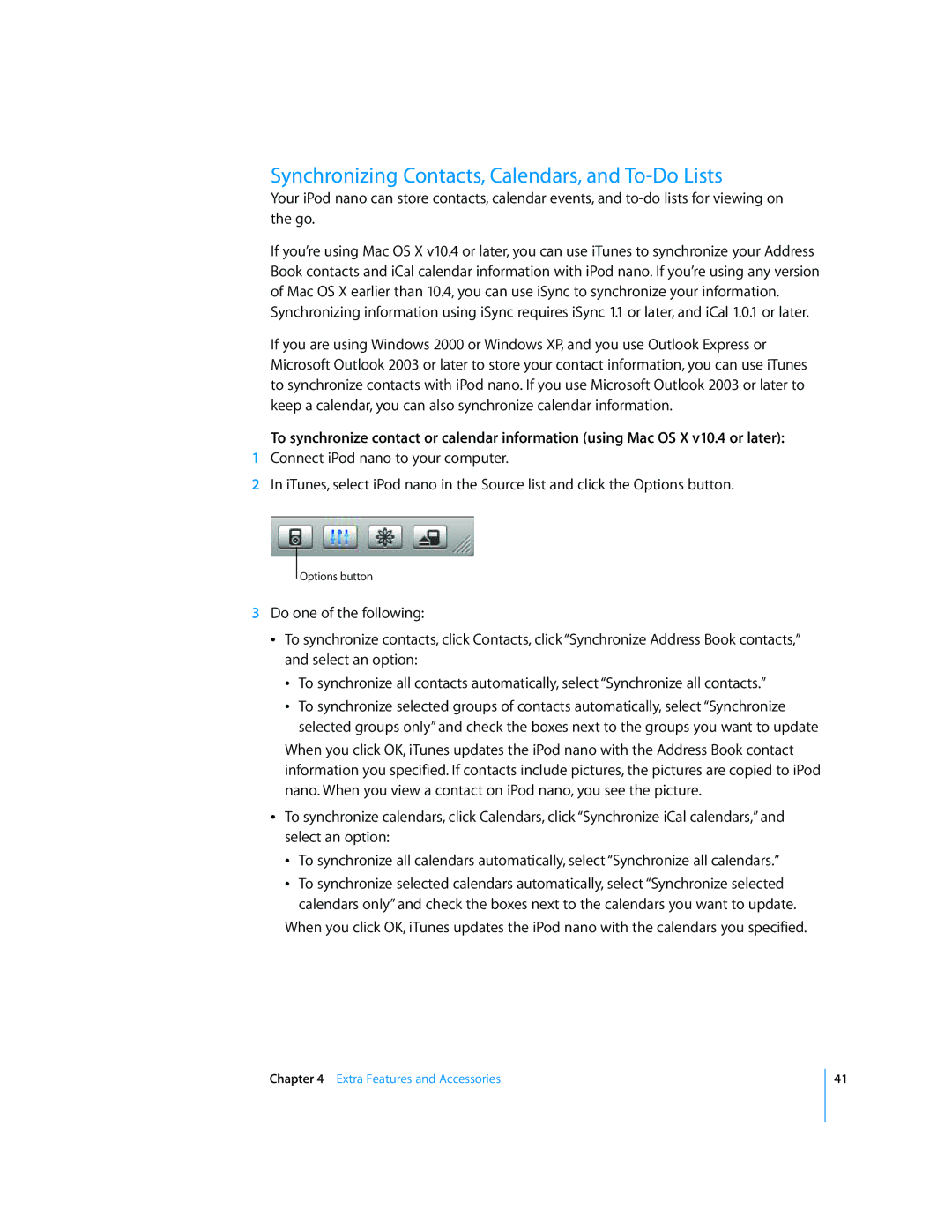 Apple iPod nano manual Synchronizing Contacts, Calendars, and To-Do Lists 