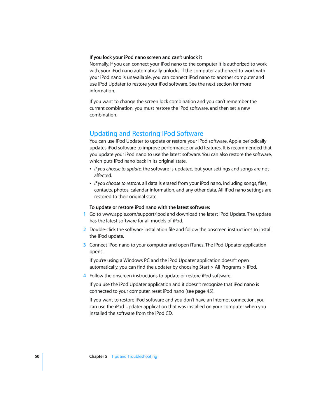 Apple manual Updating and Restoring iPod Software, If you lock your iPod nano screen and can’t unlock it 