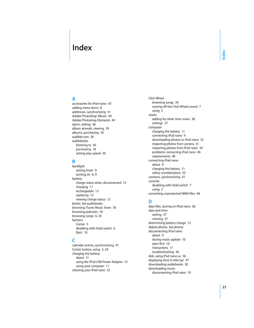 Apple iPod nano manual Index 