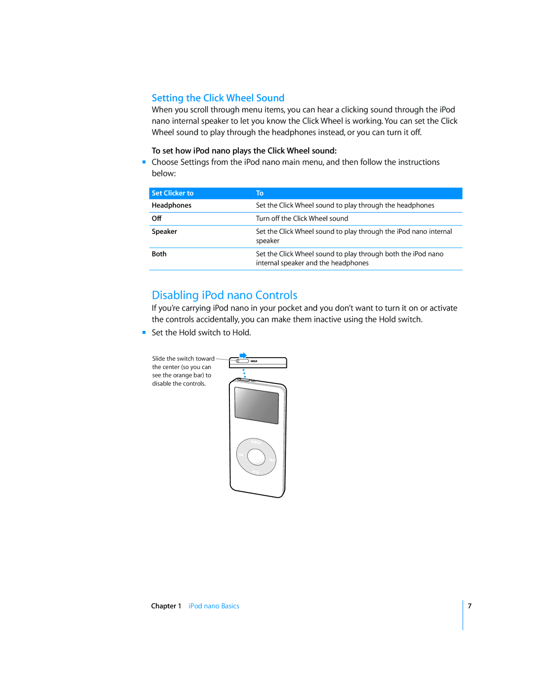 Apple Disabling iPod nano Controls, Setting the Click Wheel Sound, To set how iPod nano plays the Click Wheel sound 