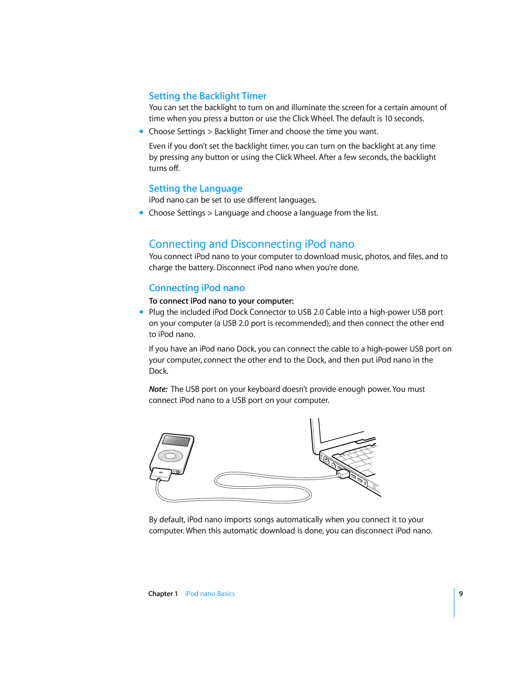 Apple Connecting and Disconnecting iPod nano, Setting the Backlight Timer, Setting the Language, Connecting iPod nano 