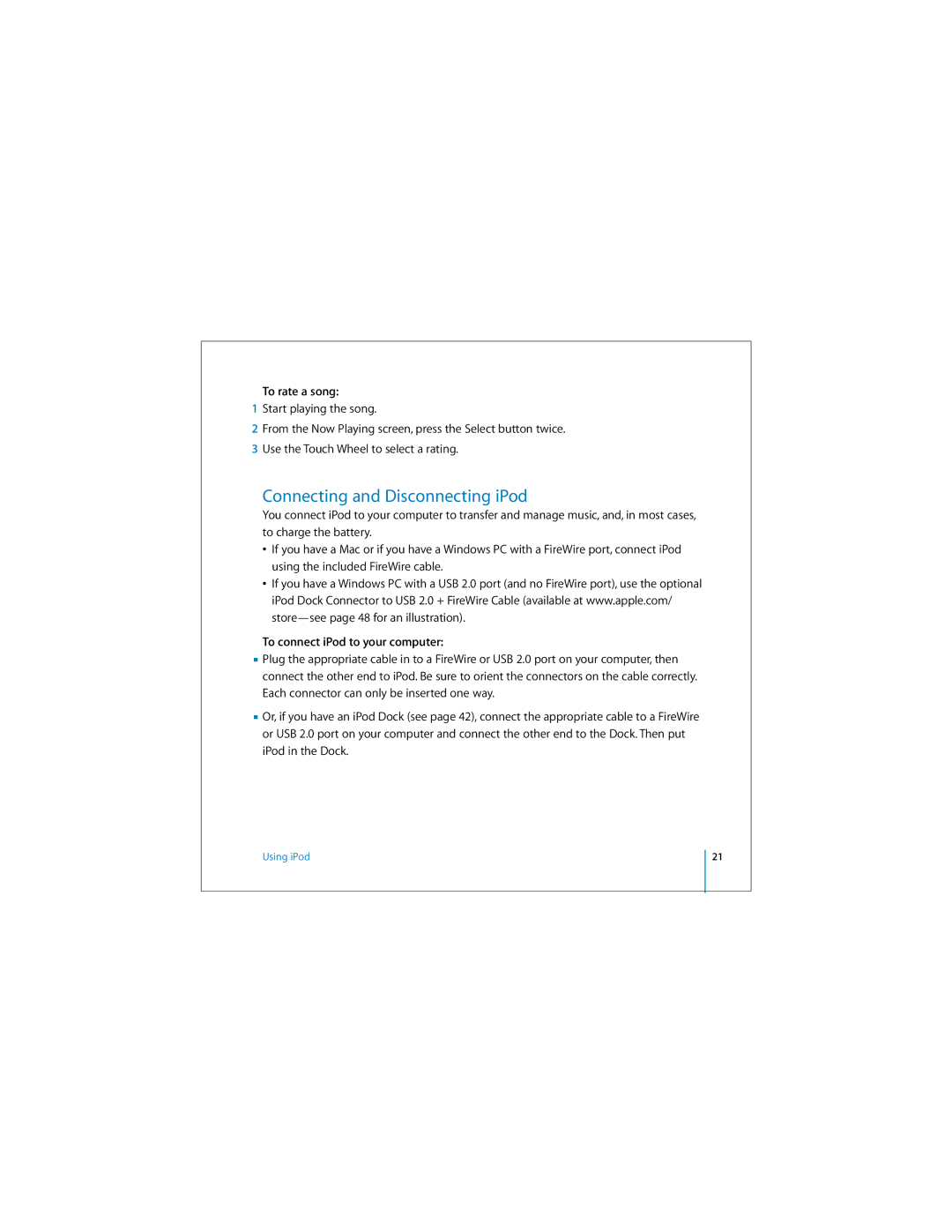 Apple ipod manual Connecting and Disconnecting iPod, To rate a song, To connect iPod to your computer 