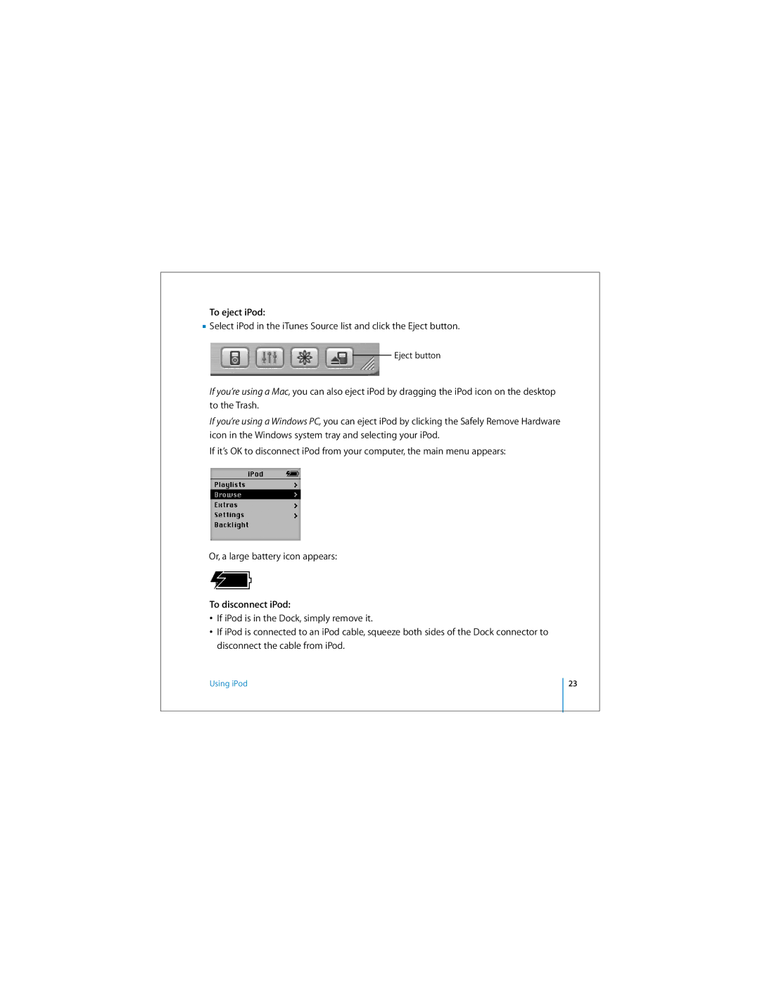 Apple ipod manual To eject iPod, To disconnect iPod 