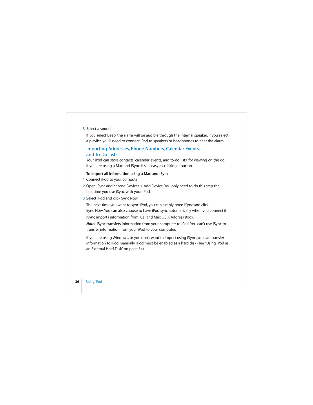 Apple ipod manual Select a sound, To import all information using a Mac and iSync 
