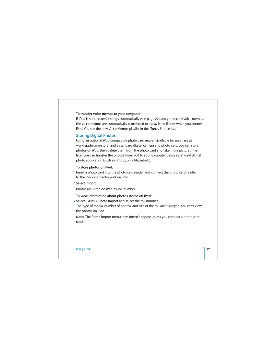 Apple ipod manual Storing Digital Photos, To transfer voice memos to your computer, To store photos on iPod 