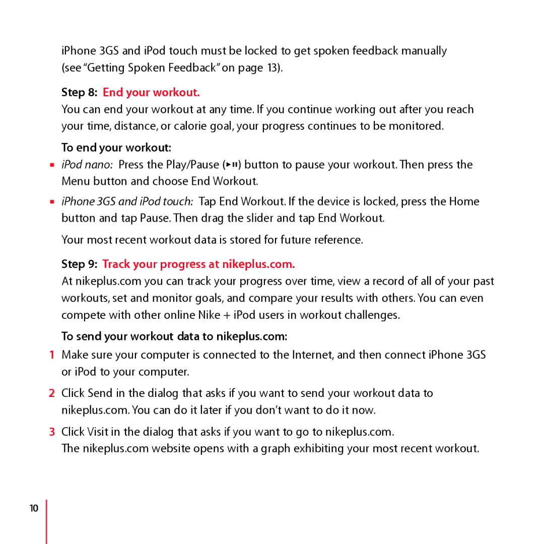 Apple LA034-4957-A manual End your workout, To end your workout, Track your progress at nikeplus.com 