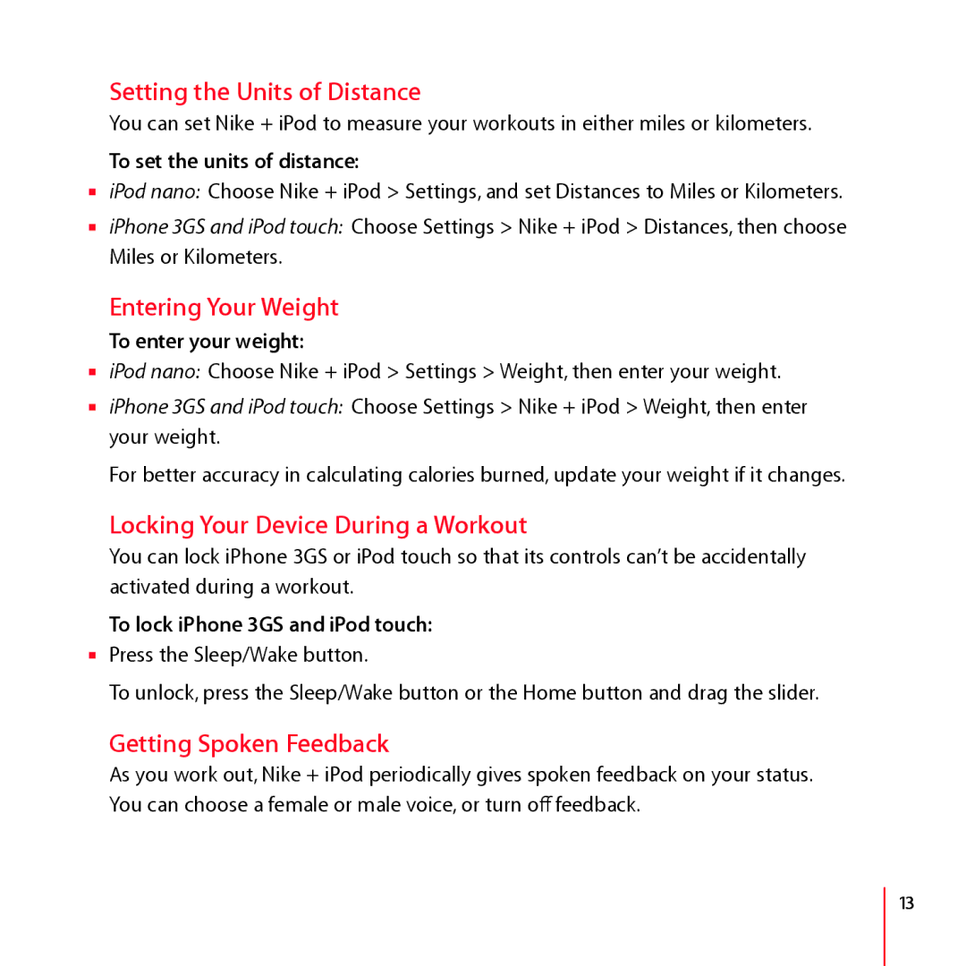 Apple LA034-4957-A manual Setting the Units of Distance, Entering Your Weight, Locking Your Device During a Workout 