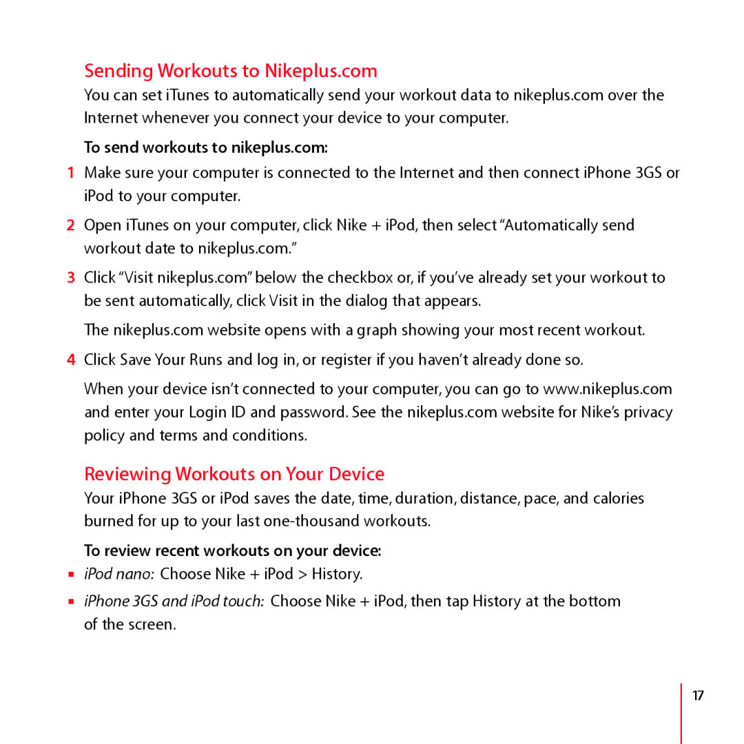 Apple LA034-4957-A Sending Workouts to Nikeplus.com, Reviewing Workouts on Your Device, To send workouts to nikeplus.com 