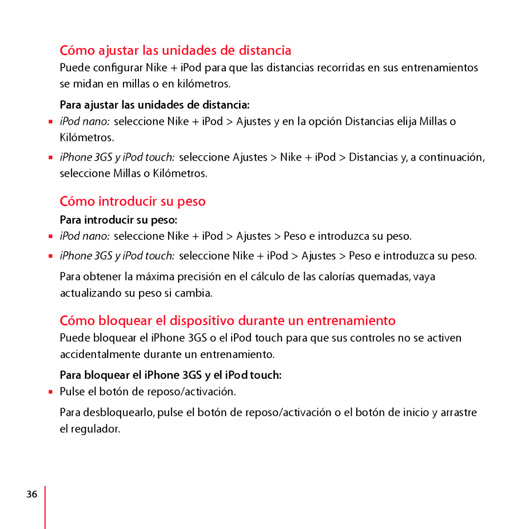 Apple LA034-4957-A manual Cómo ajustar las unidades de distancia, Cómo introducir su peso 