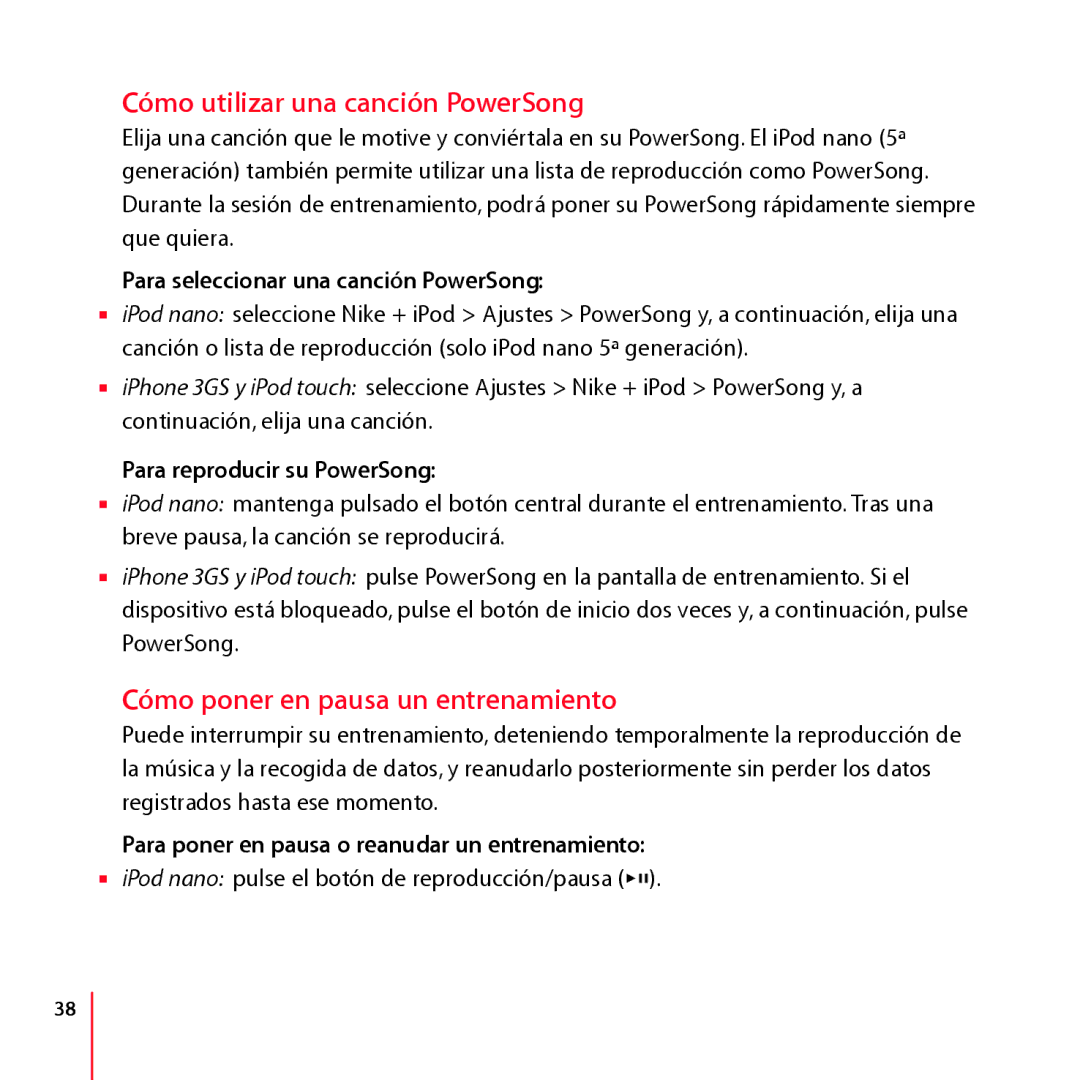 Apple LA034-4957-A Cómo utilizar una canción PowerSong, Cómo poner en pausa un entrenamiento, Para reproducir su PowerSong 