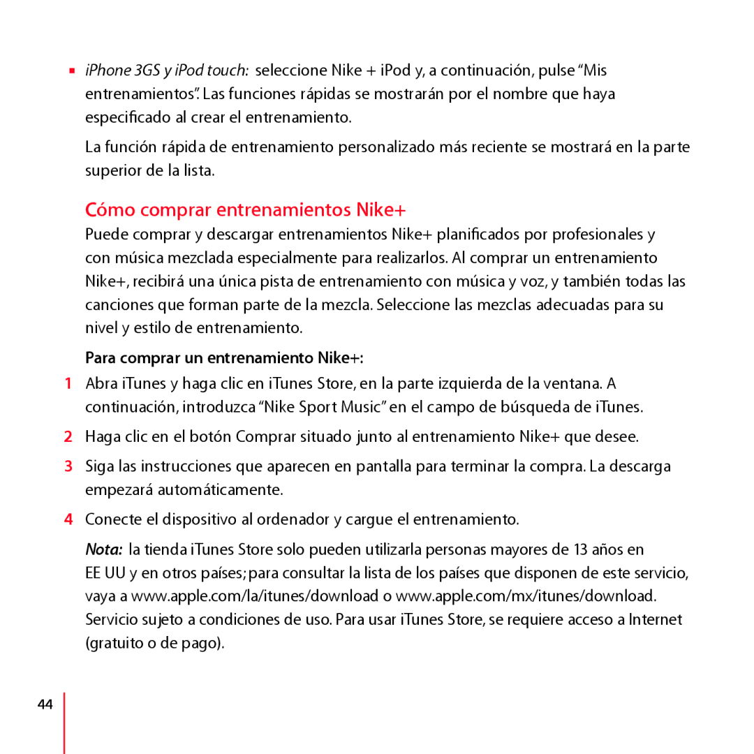 Apple LA034-4957-A manual Cómo comprar entrenamientos Nike+, Para comprar un entrenamiento Nike+ 