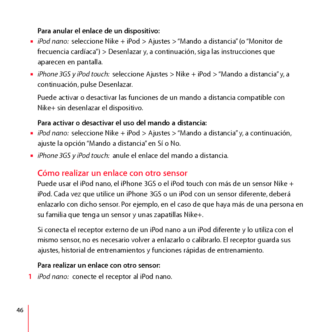 Apple LA034-4957-A manual Cómo realizar un enlace con otro sensor, Para anular el enlace de un dispositivo 