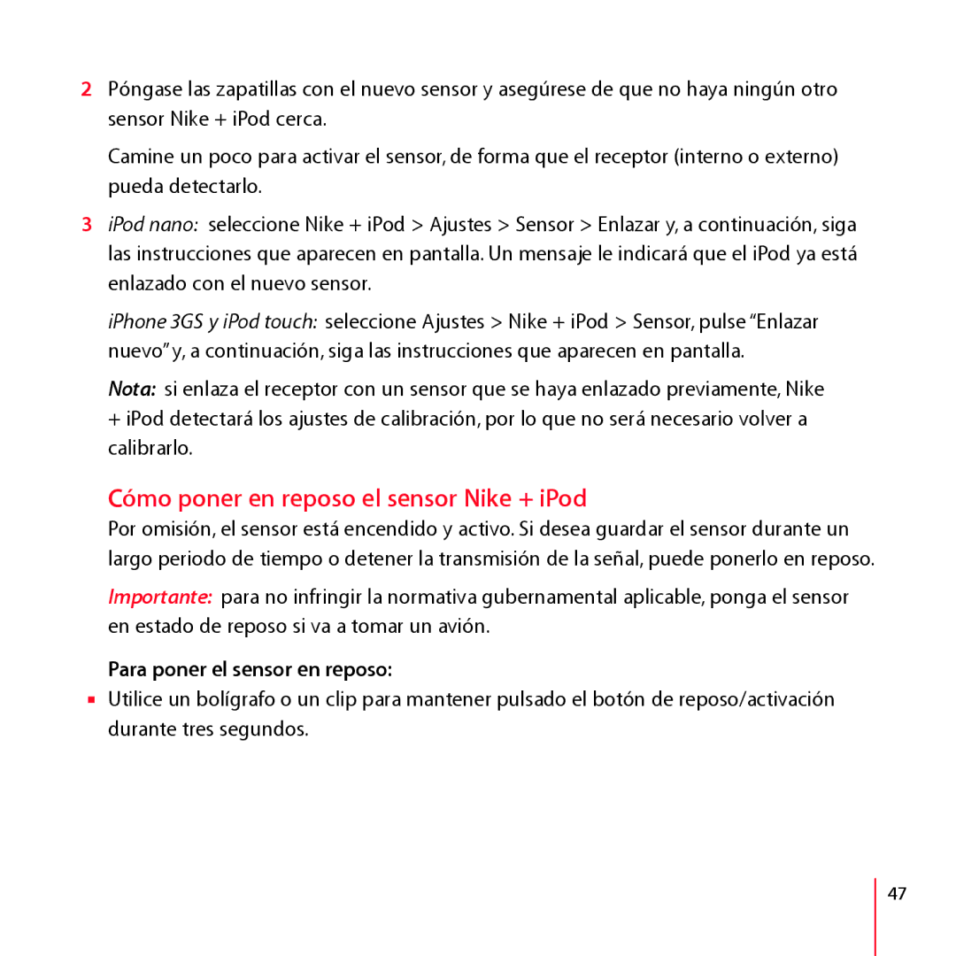 Apple LA034-4957-A manual Cómo poner en reposo el sensor Nike + iPod, Para poner el sensor en reposo 