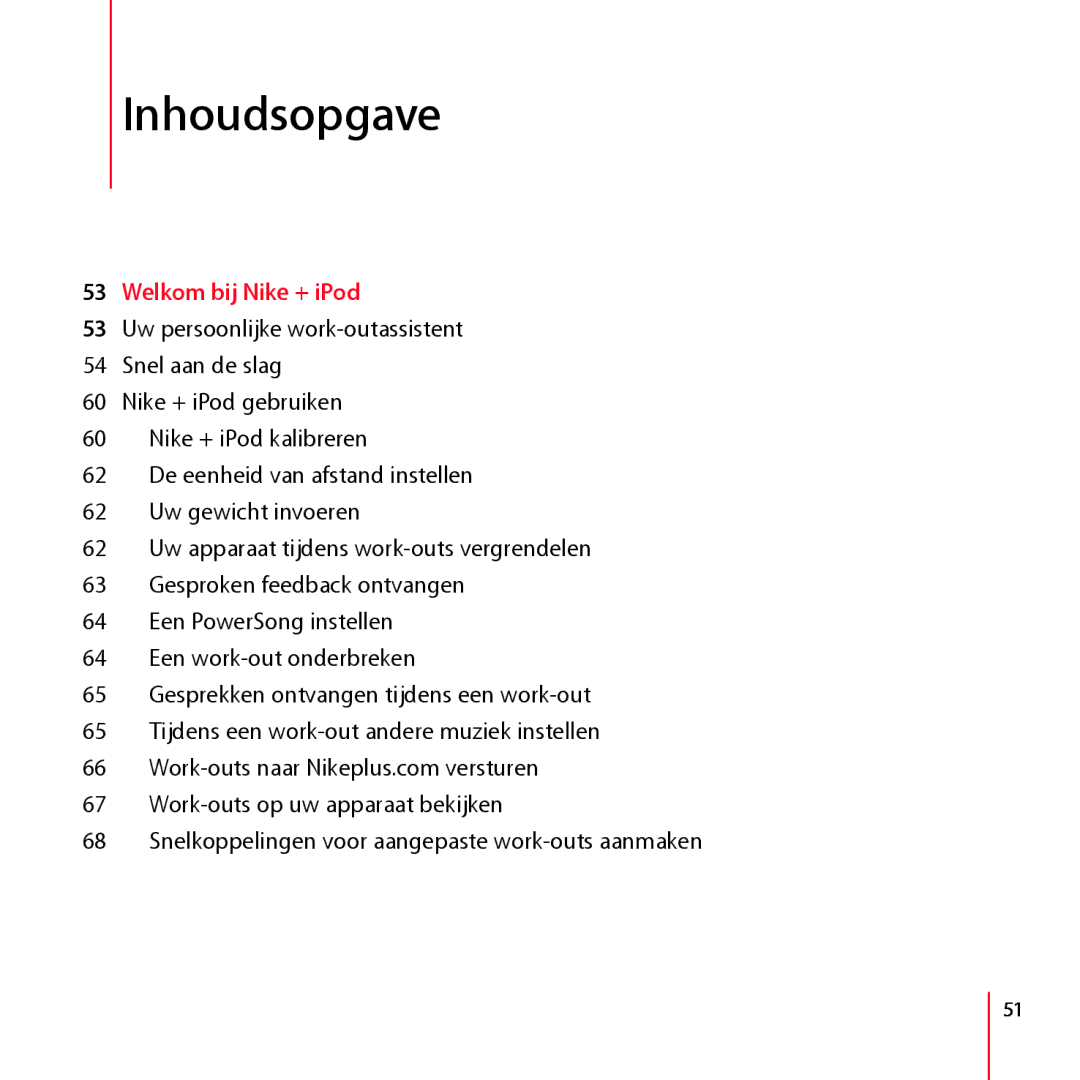 Apple LA034-4957-A manual Inhoudsopgave, Welkom bij Nike + iPod 