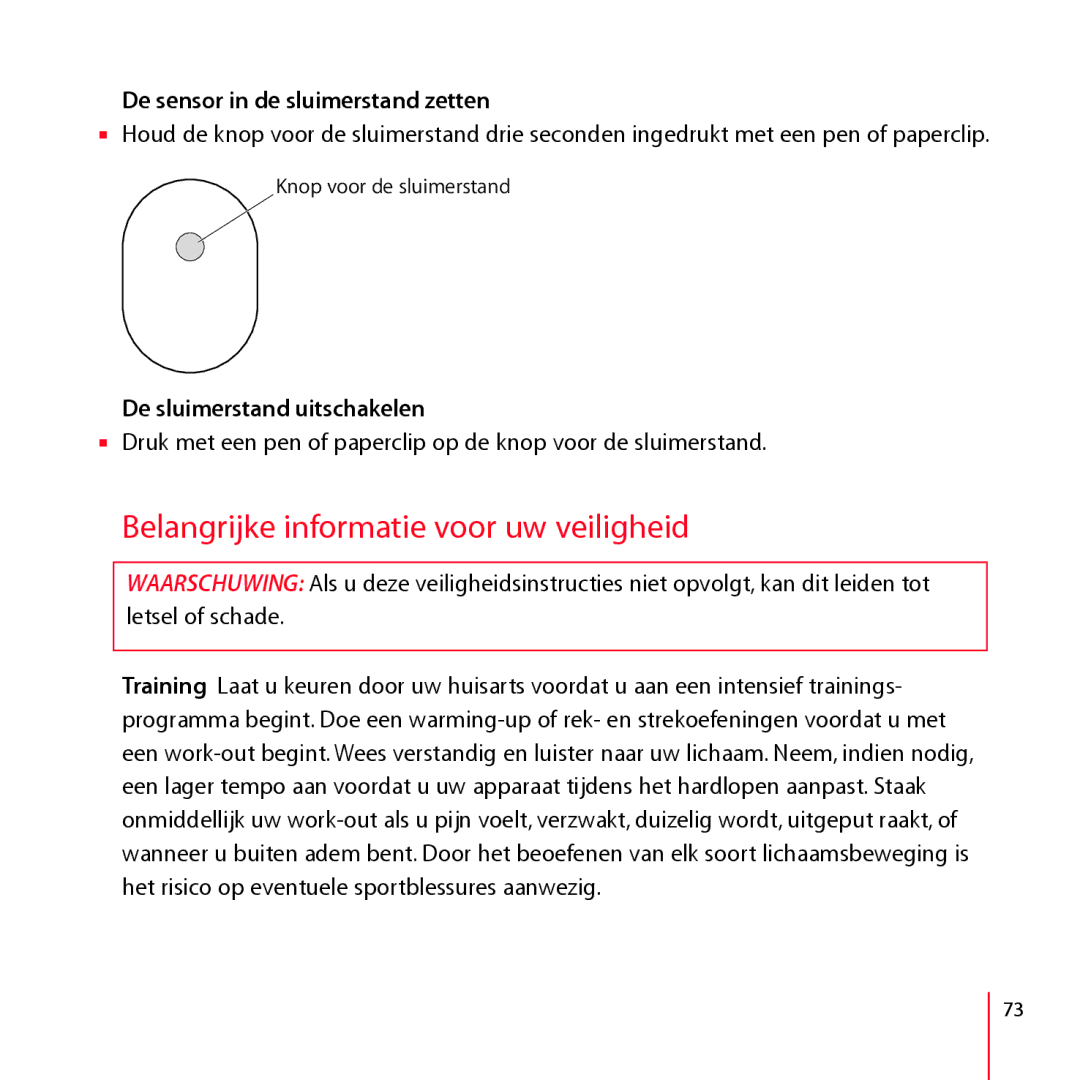 Apple LA034-4957-A manual Belangrijke informatie voor uw veiligheid, De sensor in de sluimerstand zetten 