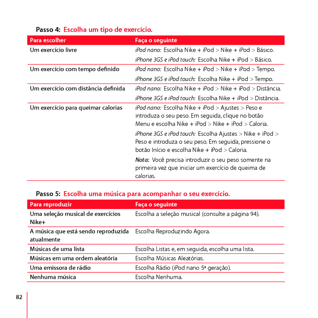 Apple LA034-4957-A manual Passo 4 Escolha um tipo de exercício, Passo 5 Escolha uma música para acompanhar o seu exercício 