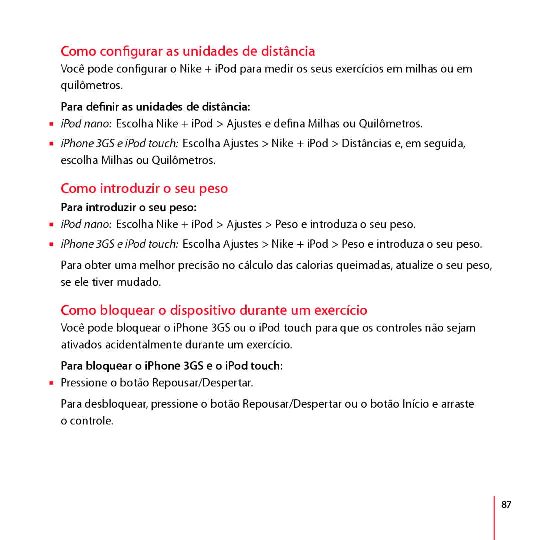 Apple LA034-4957-A manual Como conﬁgurar as unidades de distância, Como introduzir o seu peso 