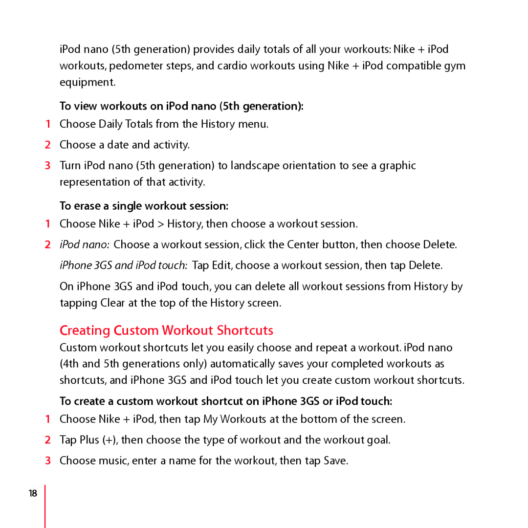 Apple LA034-4957-A manual Creating Custom Workout Shortcuts, To view workouts on iPod nano 5th generation 