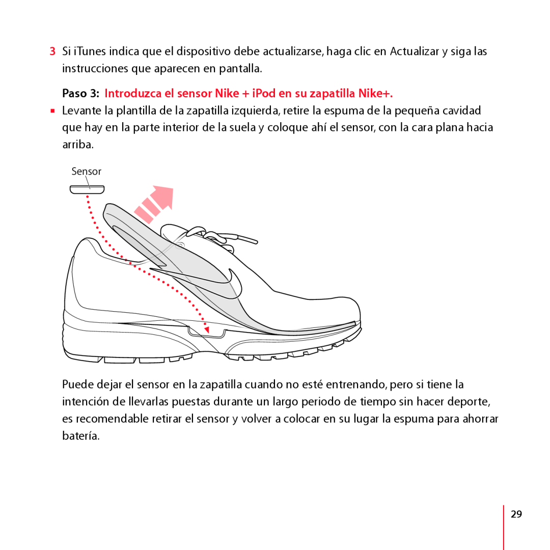 Apple LA034-4957-A manual Paso 3 Introduzca el sensor Nike + iPod en su zapatilla Nike+ 