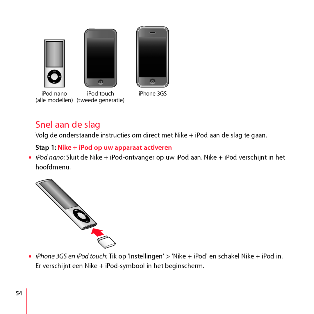 Apple LA034-4957-A manual Snel aan de slag, Stap 1 Nike + iPod op uw apparaat activeren 