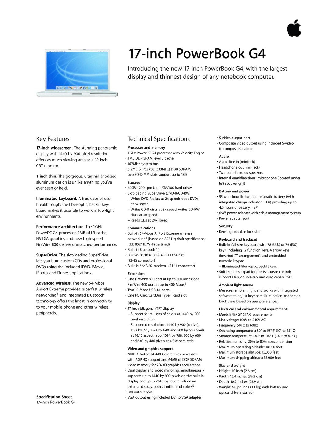 Apple Laptop PC technical specifications Key Features, Technical Specifications, Specification Sheet, inch PowerBook G4 