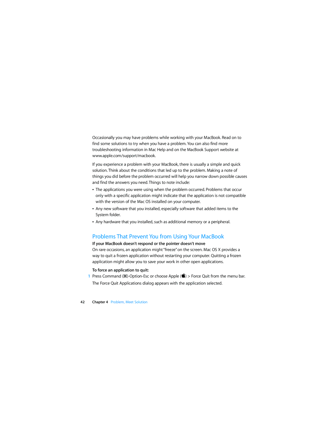 Apple Laptop manual Problems That Prevent You from Using Your MacBook, To force an application to quit 