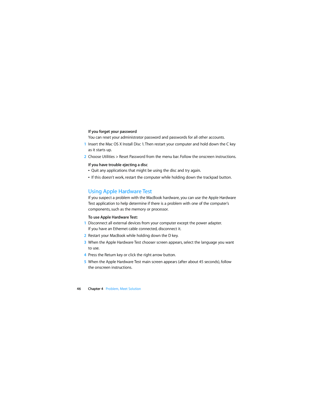 Apple Laptop manual Using Apple Hardware Test, If you forget your password, If you have trouble ejecting a disc 