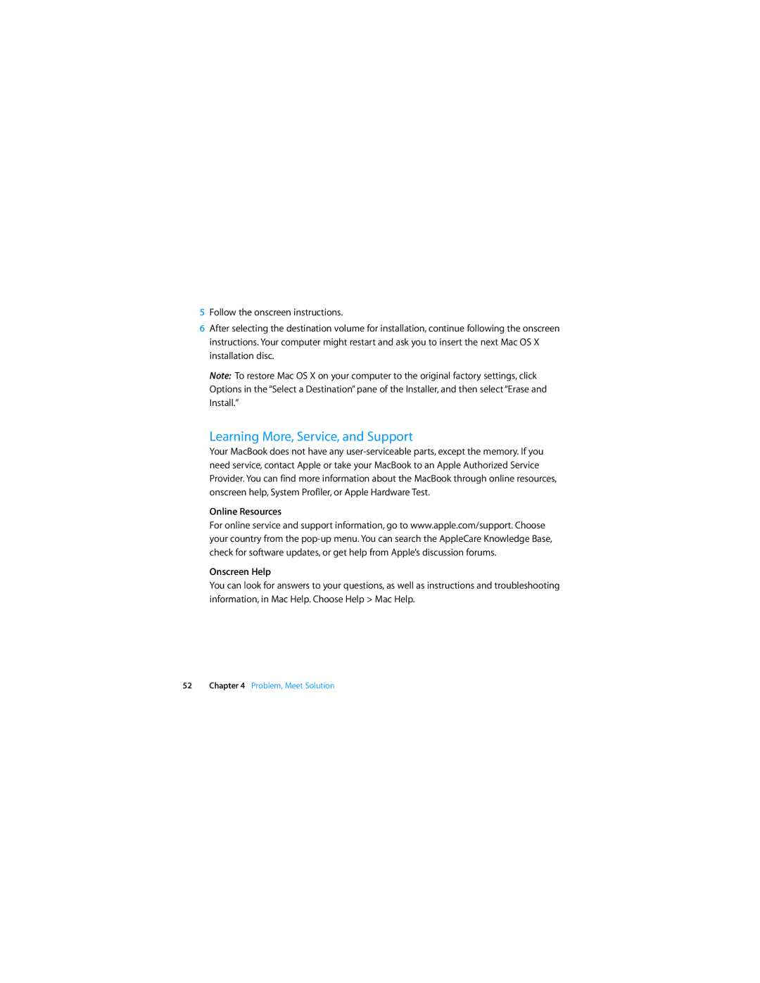 Apple Laptop manual Learning More, Service, and Support, Online Resources Onscreen Help 