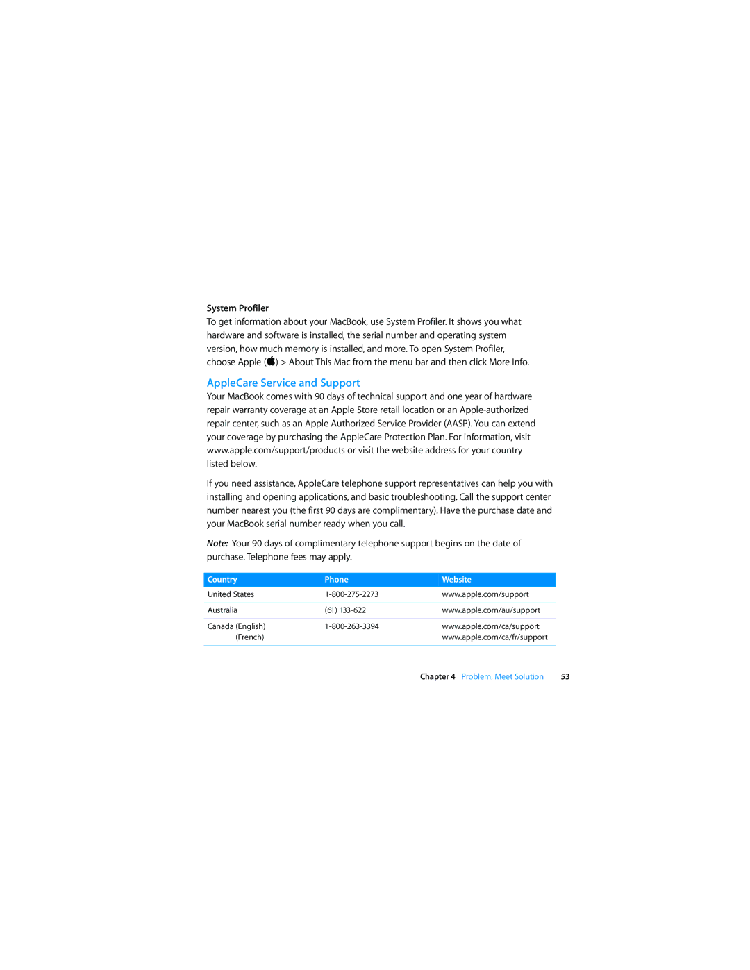 Apple Laptop manual AppleCare Service and Support, System Profiler 