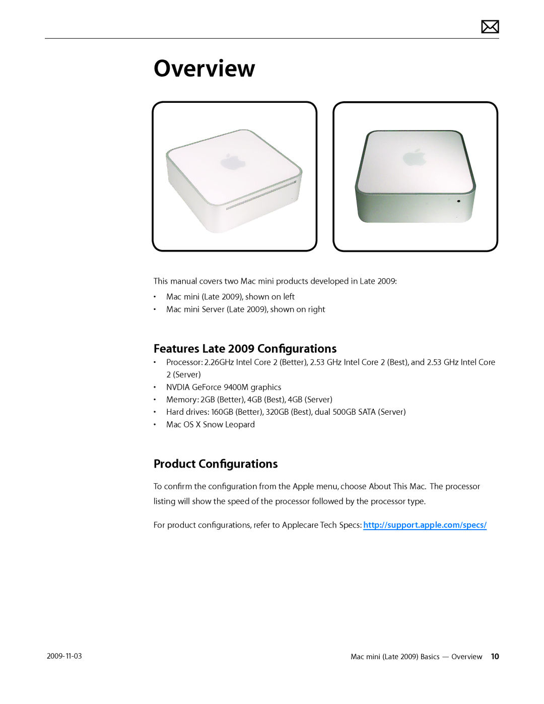 Apple LATE 2009 manual Overview, Features Late 2009 Configurations, Product Configurations 