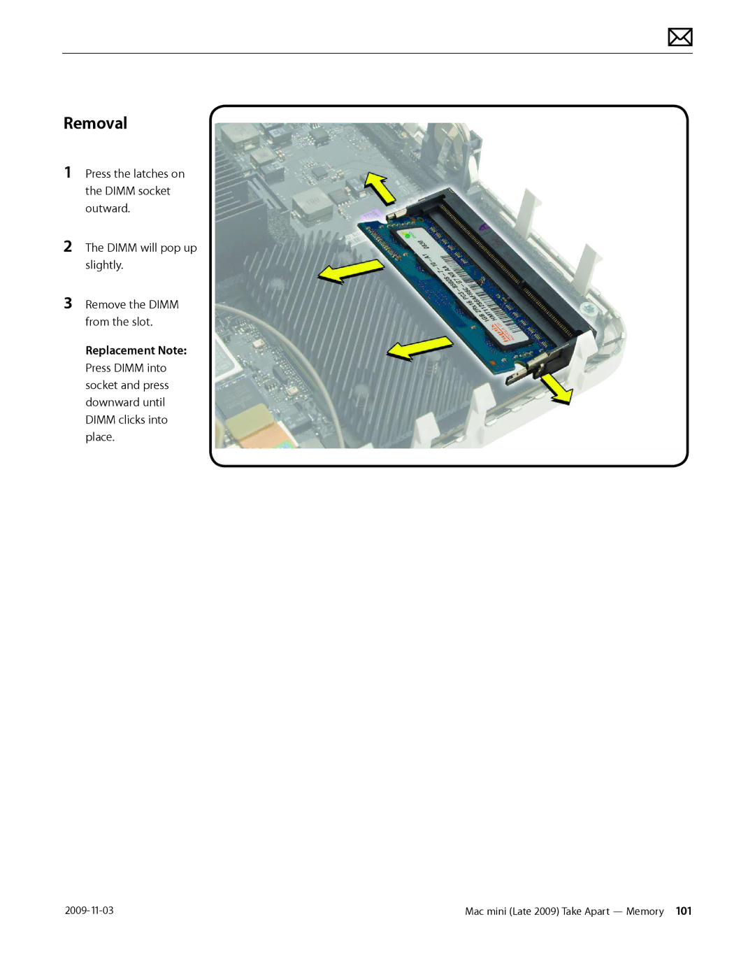 Apple LATE 2009 manual Remove the Dimm from the slot 