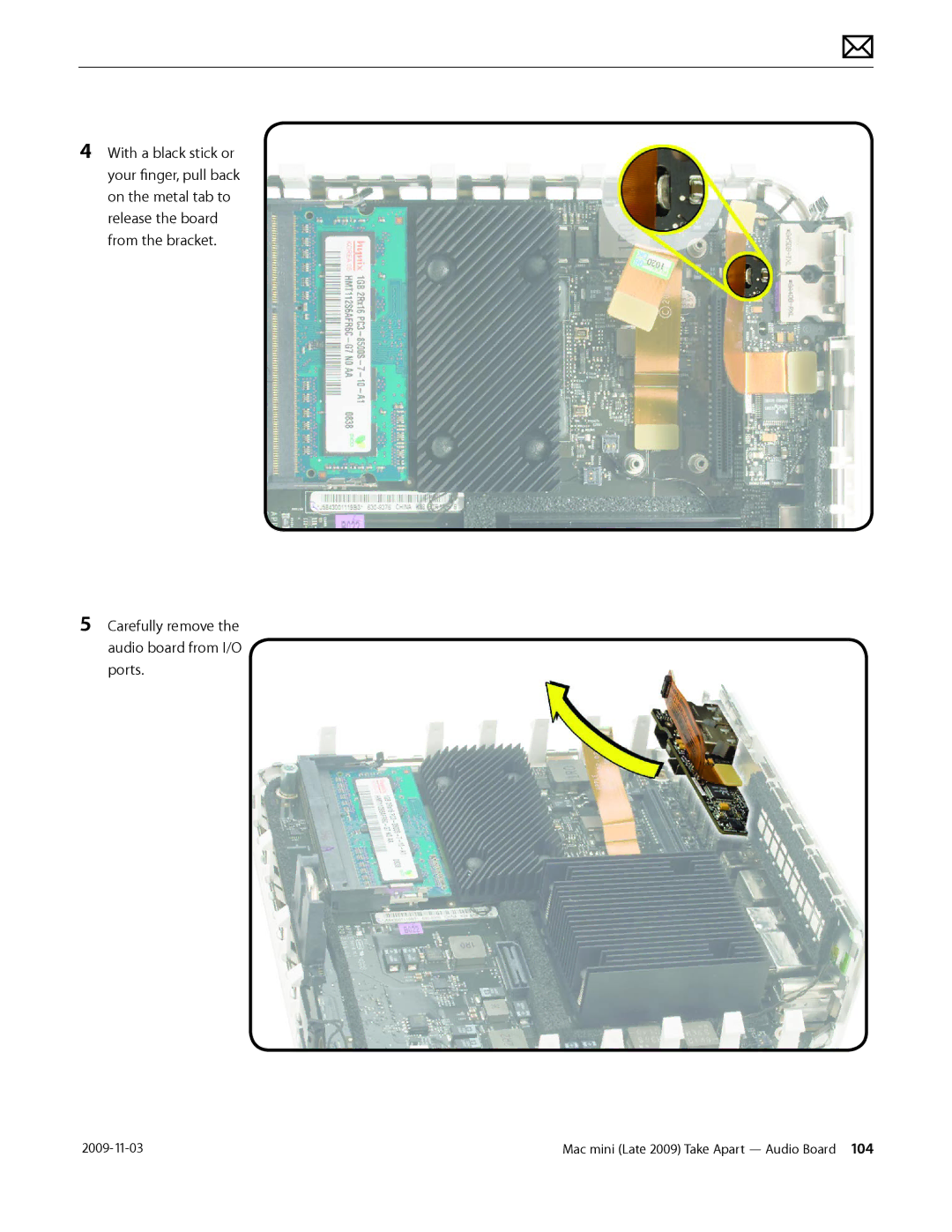 Apple LATE 2009 manual Carefully remove the audio board from I/O ports 