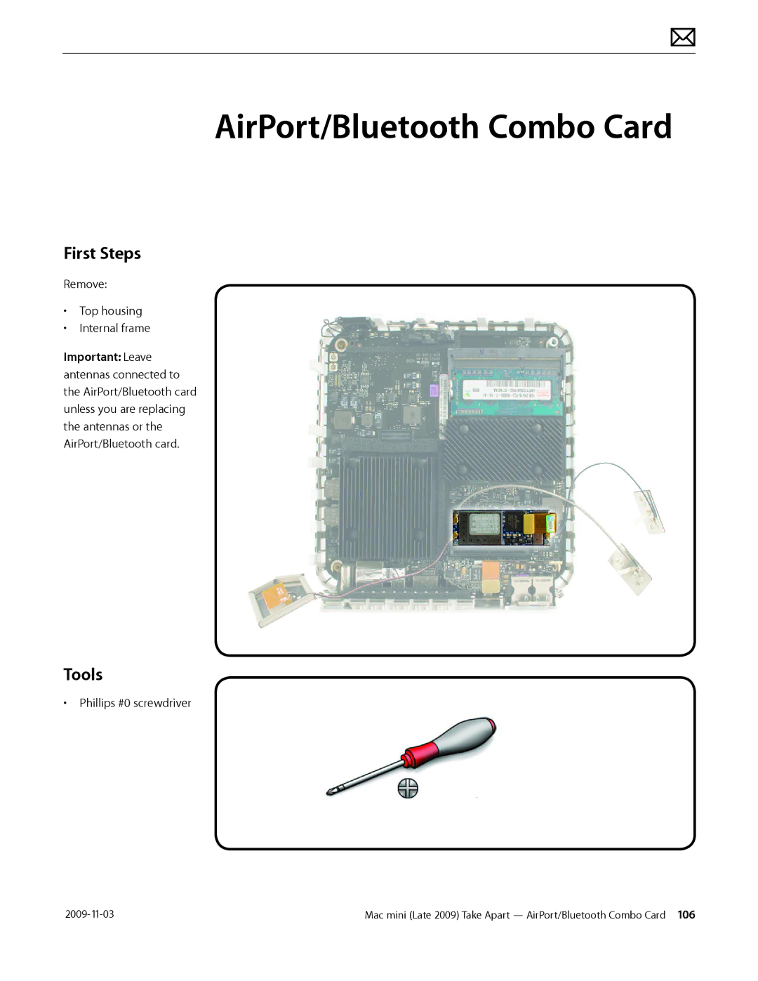 Apple LATE 2009 manual AirPort/Bluetooth Combo Card, First Steps 