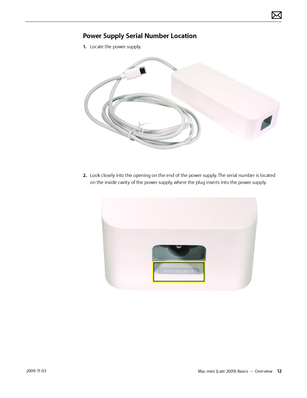 Apple LATE 2009 manual Power Supply Serial Number Location, Locate the power supply 